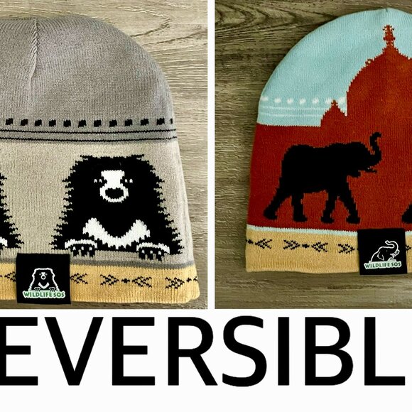 Wildlife SOS Reversible Knit Beanie – Elephant & Sloth Bear Design - Picture 1 of 9